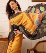 Mustard Floral Digital Print Kotha Silk Blend Saree