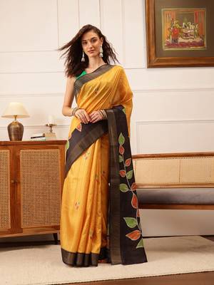 Mustard Floral Digital Print Kotha Silk Blend Saree 2