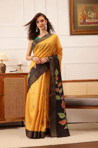 Mustard Floral Digital Print Kotha Silk Blend Saree