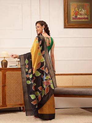 Mustard Floral Digital Print Kotha Silk Blend Saree 3