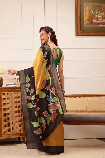 Mustard Floral Digital Print Kotha Silk Blend Saree