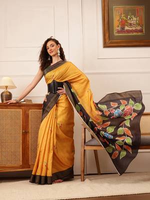 Mustard Floral Digital Print Kotha Silk Blend Saree 4