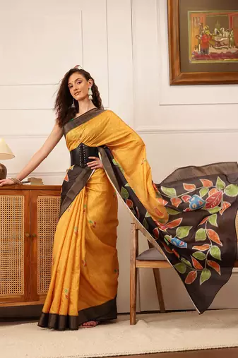 Mustard Floral Digital Print Kotha Silk Blend Saree
