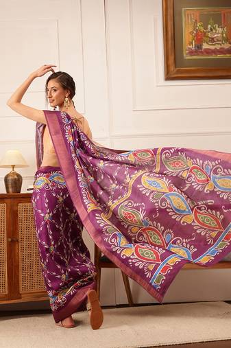 Purple Paisely Digital Print Kotha Silk Blend Saree