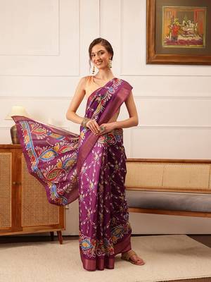 Purple Paisely Digital Print Kotha Silk Blend Saree 2