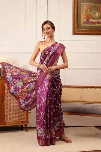 Purple Paisely Digital Print Kotha Silk Blend Saree