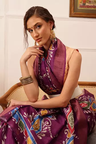 Purple Paisely Digital Print Kotha Silk Blend Saree