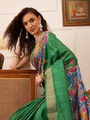 Green Floral Digital Print Kotha Silk Blend Saree 1