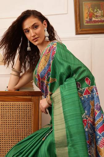 Green Floral Digital Print Kotha Silk Blend Saree