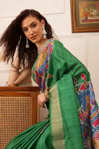 Green Floral Digital Print Kotha Silk Blend Saree