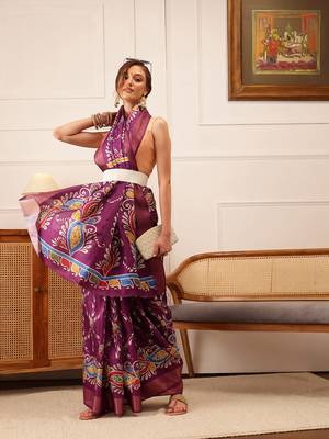 Purple Paisely Digital Print Kotha Silk Blend Saree 4