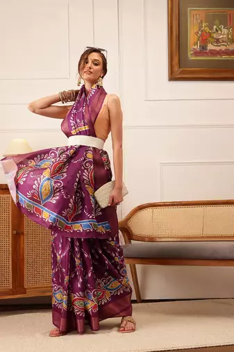 Purple Paisely Digital Print Kotha Silk Blend Saree