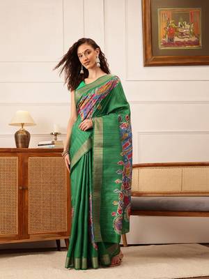 Green Floral Digital Print Kotha Silk Blend Saree 2