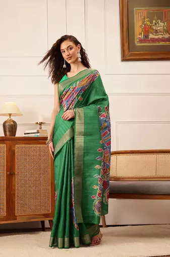 Green Floral Digital Print Kotha Silk Blend Saree