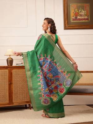 Green Floral Digital Print Kotha Silk Blend Saree 3
