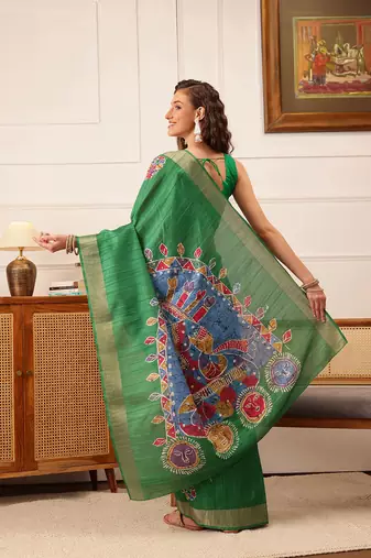Green Floral Digital Print Kotha Silk Blend Saree