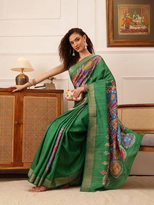 Green Floral Digital Print Kotha Silk Blend Saree 4