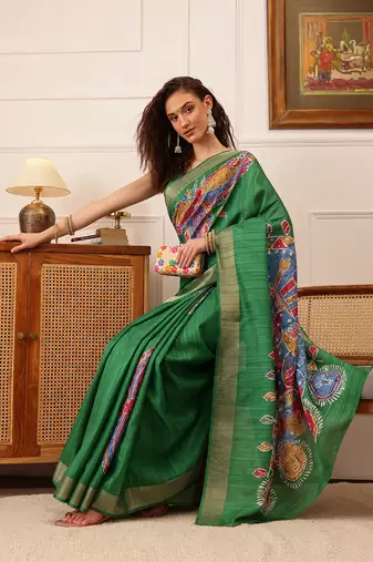 Green Floral Digital Print Kotha Silk Blend Saree