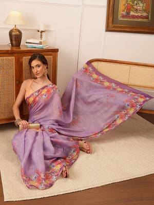 Lavender Floral Digital Print Silk Cotton Saree 1