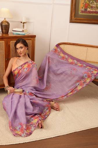 Lavender Floral Digital Print Silk Cotton Saree