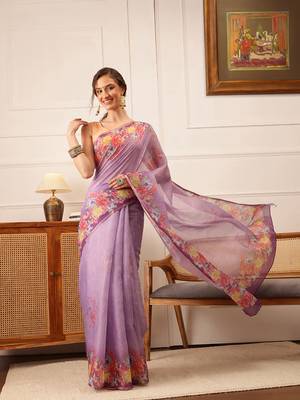 Lavender Floral Digital Print Silk Cotton Saree 2