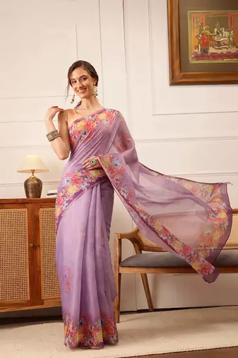 Lavender Floral Digital Print Silk Cotton Saree