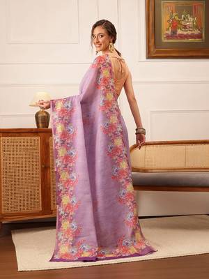 Lavender Floral Digital Print Silk Cotton Saree 3