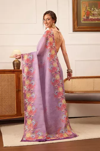 Lavender Floral Digital Print Silk Cotton Saree
