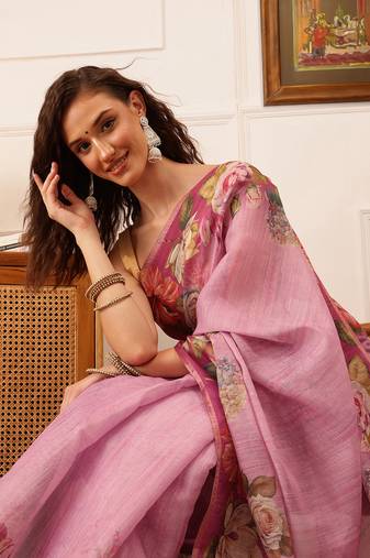 Pink Floral Digital Print Silk Cotton Saree