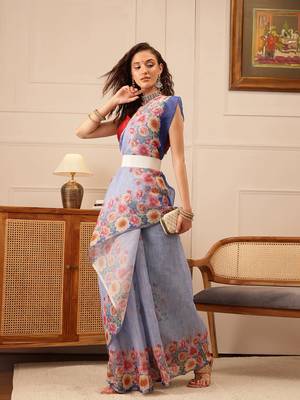 Blue Floral Digital Print Silk Cotton Saree 1