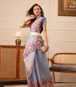 Blue Floral Digital Print Silk Cotton Saree