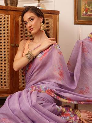 Lavender Floral Digital Print Silk Cotton Saree 4