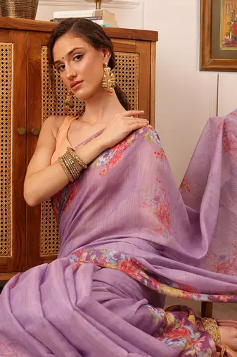 Lavender Floral Digital Print Silk Cotton Saree