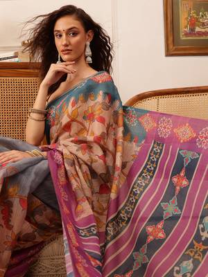 Purple Floral Digital Print Silk Cotton Saree 1