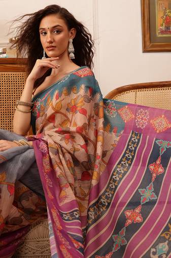 Purple Floral Digital Print Silk Cotton Saree