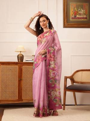 Pink Floral Digital Print Silk Cotton Saree 2