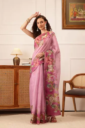 Pink Floral Digital Print Silk Cotton Saree