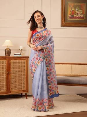 Blue Floral Digital Print Silk Cotton Saree 2