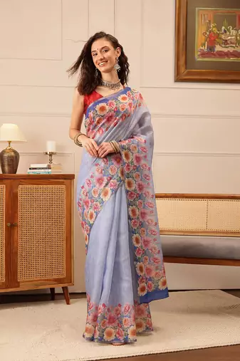 Blue Floral Digital Print Silk Cotton Saree