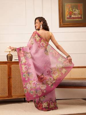 Pink Floral Digital Print Silk Cotton Saree 3