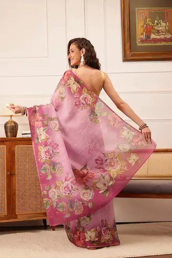 Pink Floral Digital Print Silk Cotton Saree
