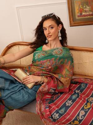Blue Floral Digital Print Silk Cotton Saree 1