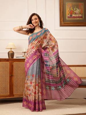 Purple Floral Digital Print Silk Cotton Saree 2