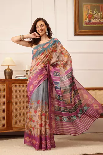 Purple Floral Digital Print Silk Cotton Saree