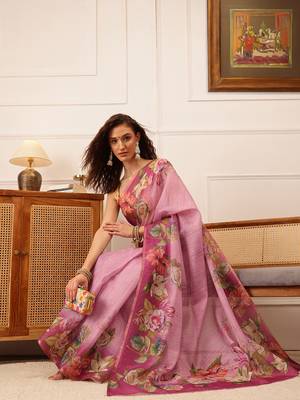 Pink Floral Digital Print Silk Cotton Saree 4