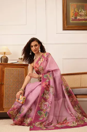 Pink Floral Digital Print Silk Cotton Saree