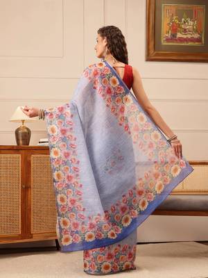 Blue Floral Digital Print Silk Cotton Saree 3