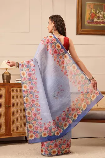 Blue Floral Digital Print Silk Cotton Saree