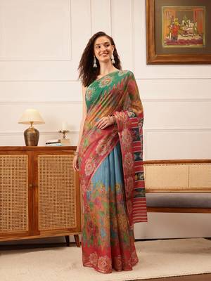 Blue Floral Digital Print Silk Cotton Saree 2