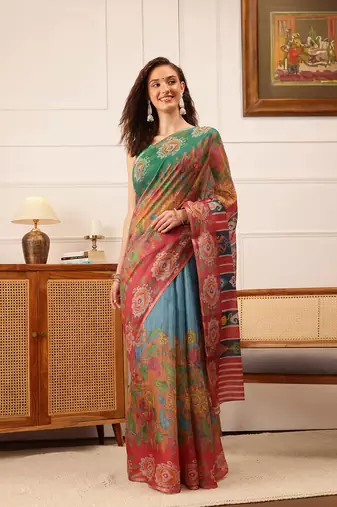 Blue Floral Digital Print Silk Cotton Saree